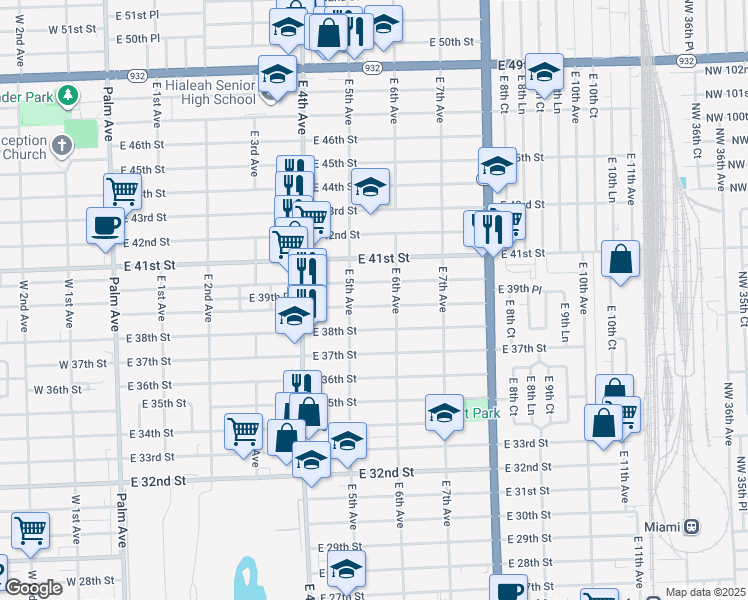 map of restaurants, bars, coffee shops, grocery stores, and more near 580 East 40th Street in Hialeah