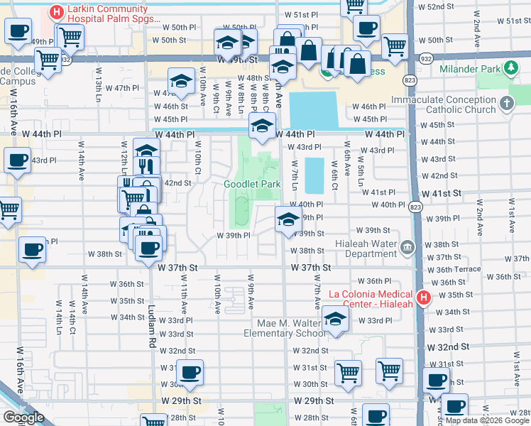 map of restaurants, bars, coffee shops, grocery stores, and more near 824 West 41st Street in Hialeah