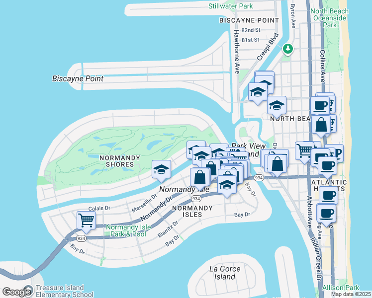map of restaurants, bars, coffee shops, grocery stores, and more near 165 South Shore Drive in Miami Beach