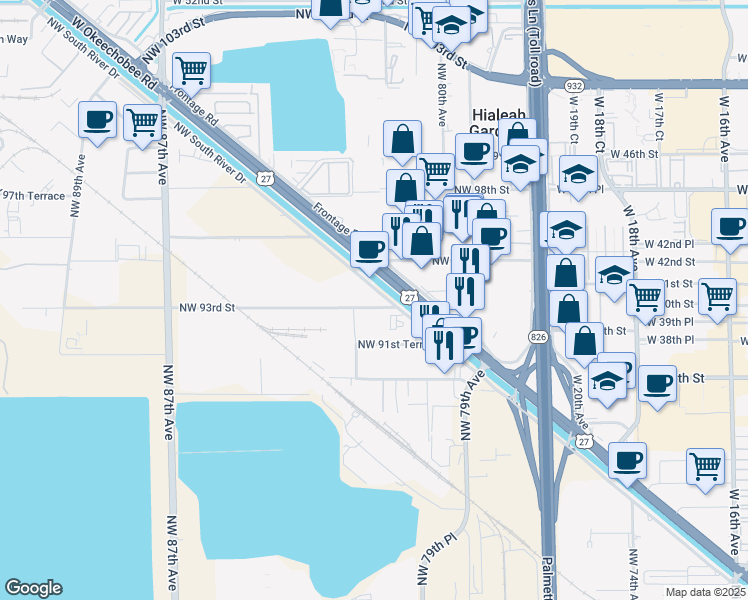 map of restaurants, bars, coffee shops, grocery stores, and more near 8115 Northwest 93rd Street in Medley