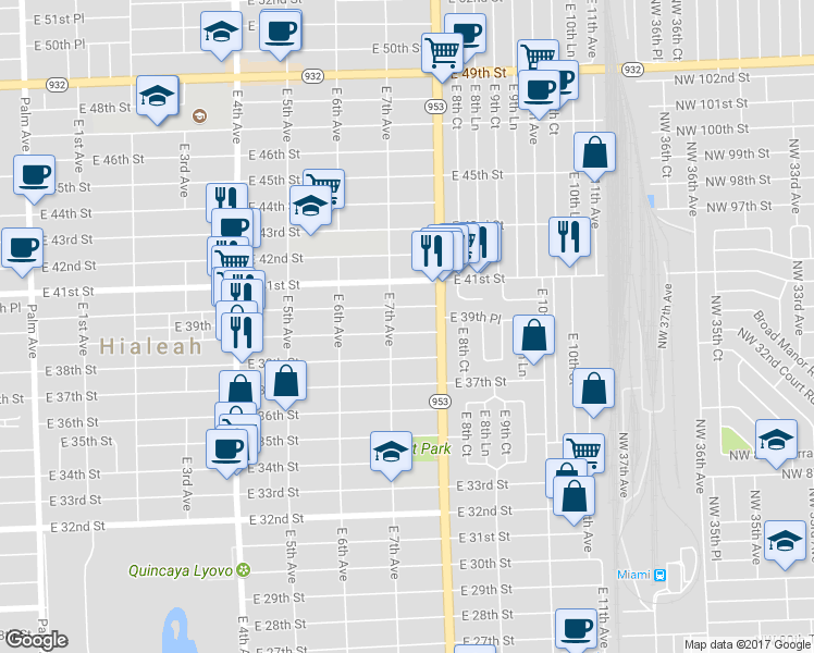 map of restaurants, bars, coffee shops, grocery stores, and more near 731 East 39th Street in Hialeah