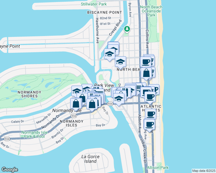 map of restaurants, bars, coffee shops, grocery stores, and more near 7300 Wayne Avenue in Miami