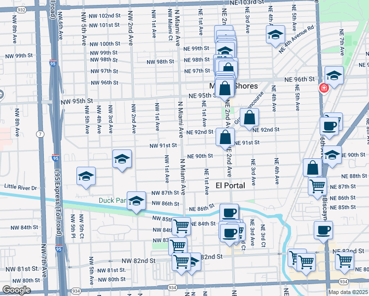 map of restaurants, bars, coffee shops, grocery stores, and more near in Miami Shores
