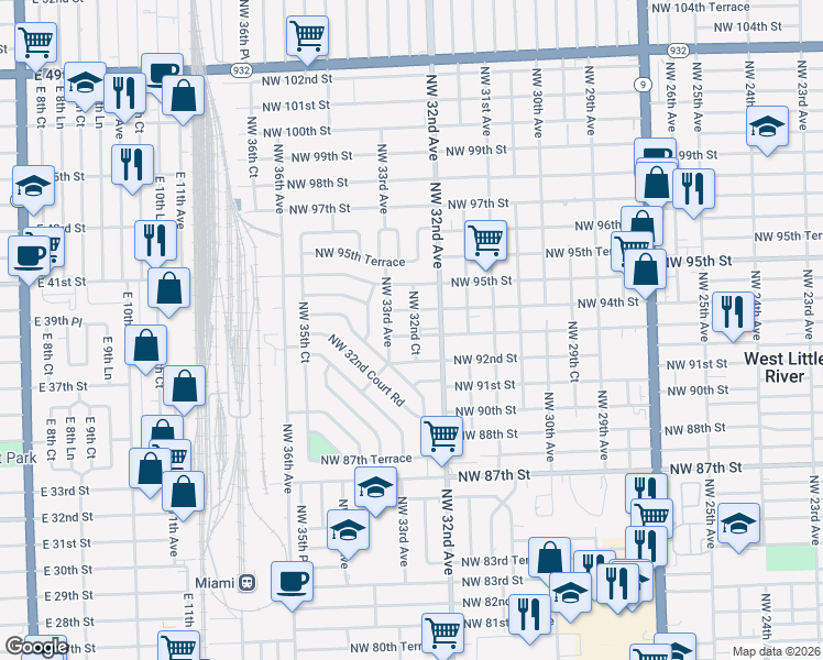 map of restaurants, bars, coffee shops, grocery stores, and more near 9300 Northwest 32nd Court in Miami