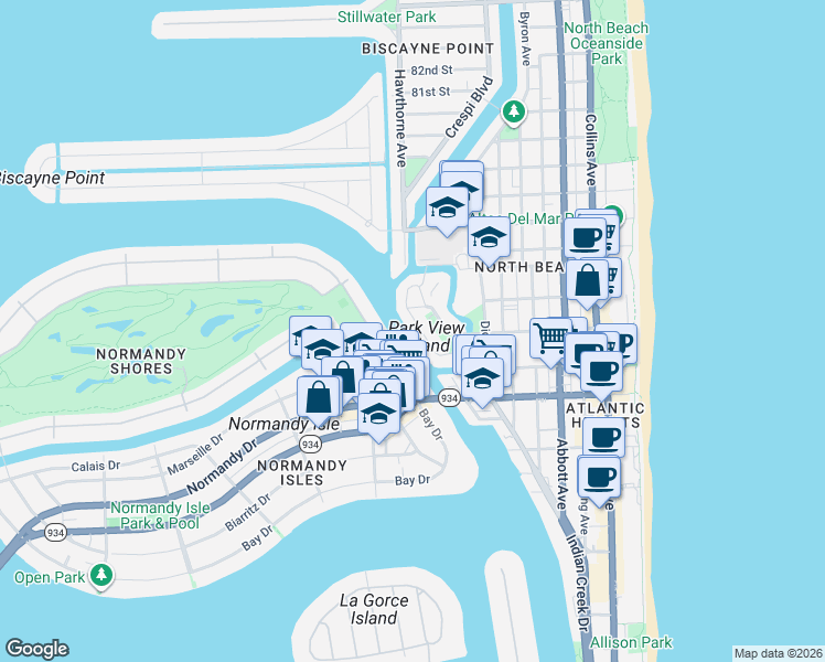 map of restaurants, bars, coffee shops, grocery stores, and more near 7356 Gary Avenue in Miami Beach