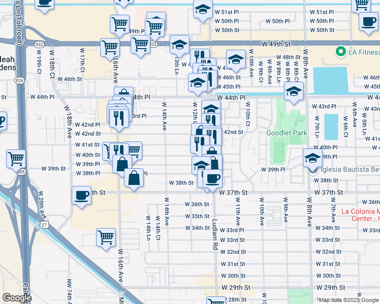 map of restaurants, bars, coffee shops, grocery stores, and more near 1324 West 40th Street in Hialeah