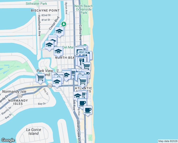 map of restaurants, bars, coffee shops, grocery stores, and more near 7300 Ocean Terrace in Miami Beach