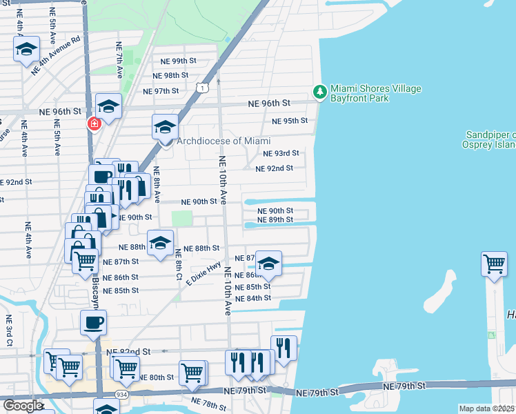 map of restaurants, bars, coffee shops, grocery stores, and more near 1101 Northeast 90th Street in Miami