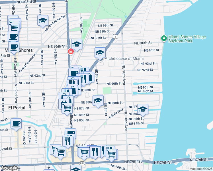 map of restaurants, bars, coffee shops, grocery stores, and more near 864 Northeast 90th Street in Miami