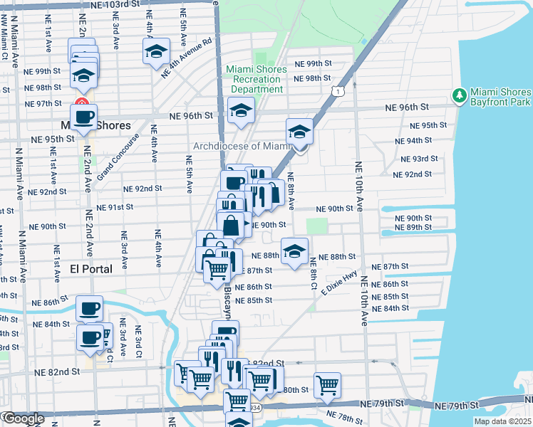 map of restaurants, bars, coffee shops, grocery stores, and more near 9031 Biscayne Boulevard in Miami Shores
