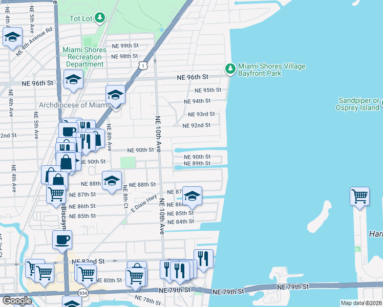 map of restaurants, bars, coffee shops, grocery stores, and more near 1171 Northeast 90th Street in Miami