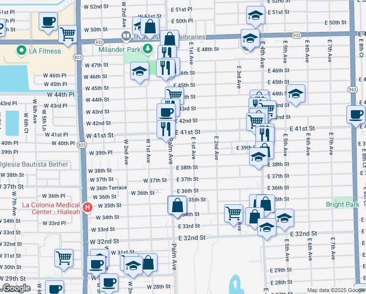 map of restaurants, bars, coffee shops, grocery stores, and more near 60 East 40th Street in Hialeah
