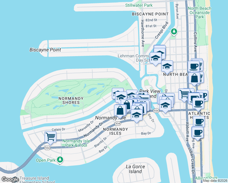 map of restaurants, bars, coffee shops, grocery stores, and more near 165 South Shore Drive in Miami Beach