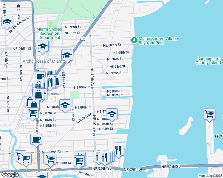 map of restaurants, bars, coffee shops, grocery stores, and more near 1171 Northeast 90th Street in Miami