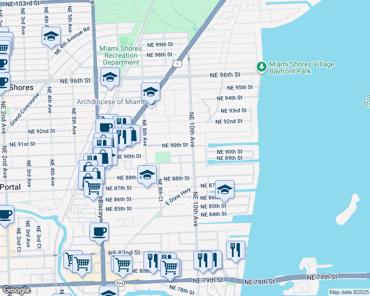 map of restaurants, bars, coffee shops, grocery stores, and more near 940 Northeast 90th Street in Miami