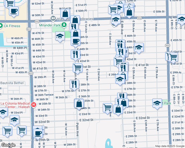 map of restaurants, bars, coffee shops, grocery stores, and more near 148 East 40th Street in Hialeah