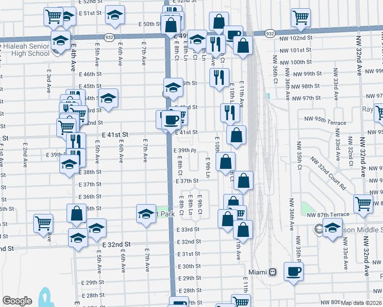 map of restaurants, bars, coffee shops, grocery stores, and more near 870 East 39th Place in Hialeah