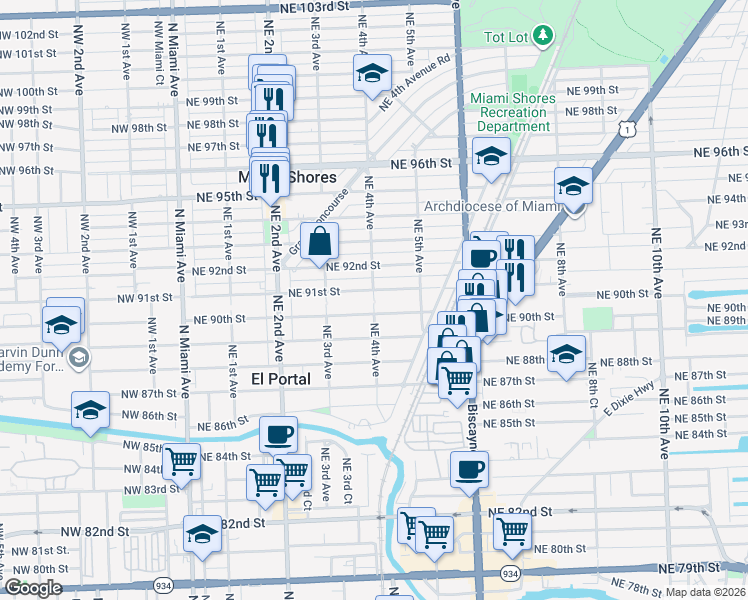 map of restaurants, bars, coffee shops, grocery stores, and more near 9015 Northeast 4th Avenue in Miami Shores