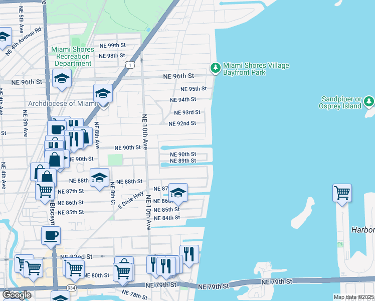 map of restaurants, bars, coffee shops, grocery stores, and more near 1171 Northeast 90th Street in Miami