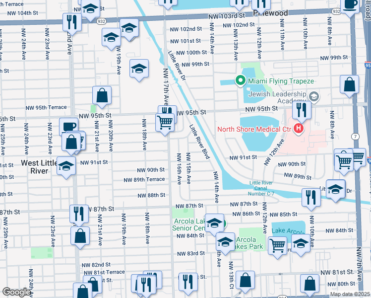 map of restaurants, bars, coffee shops, grocery stores, and more near 9210 Northwest 15th Avenue in Miami