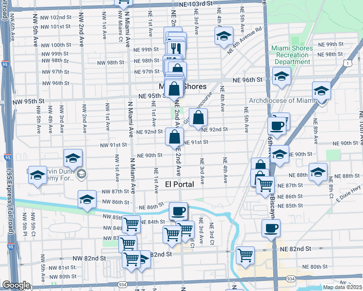 map of restaurants, bars, coffee shops, grocery stores, and more near 9055 Northeast 2nd Avenue in Miami Shores