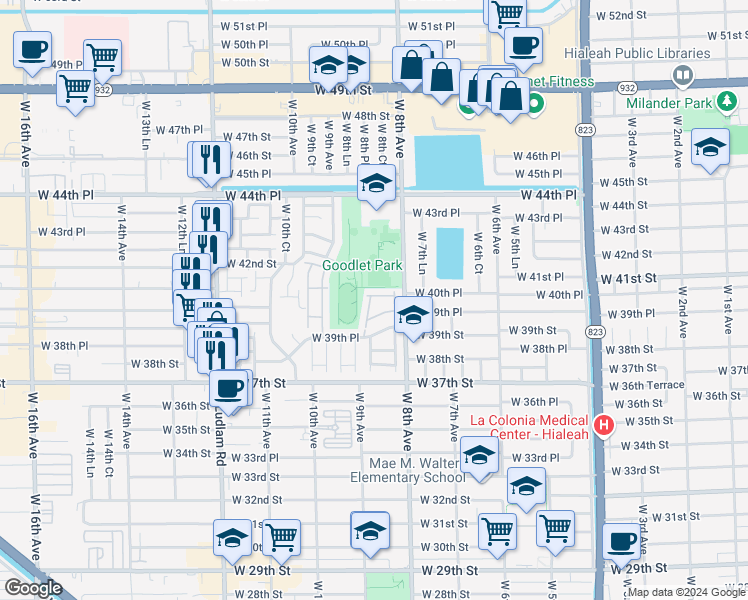 map of restaurants, bars, coffee shops, grocery stores, and more near 930 West 41st Street in Hialeah