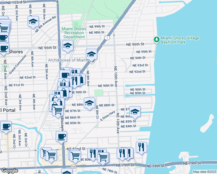 map of restaurants, bars, coffee shops, grocery stores, and more near 940 Northeast 90th Street in Miami
