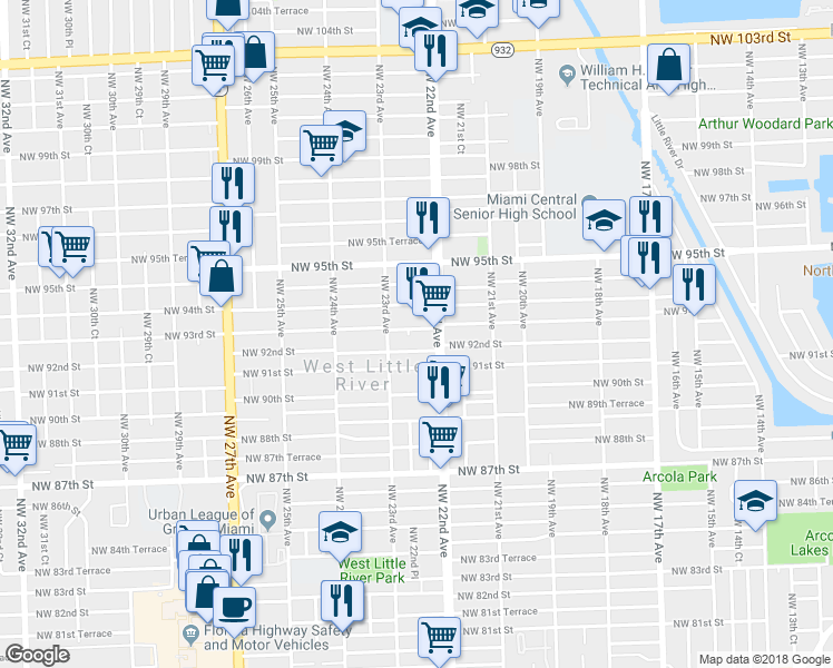 map of restaurants, bars, coffee shops, grocery stores, and more near 2250 Northwest 93rd Street in Miami