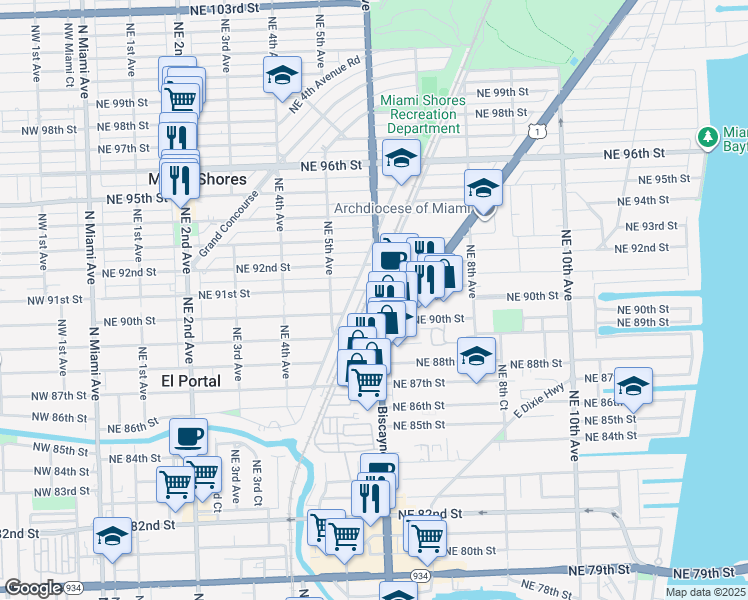 map of restaurants, bars, coffee shops, grocery stores, and more near 9080 Northeast 6th Avenue in Miami Shores
