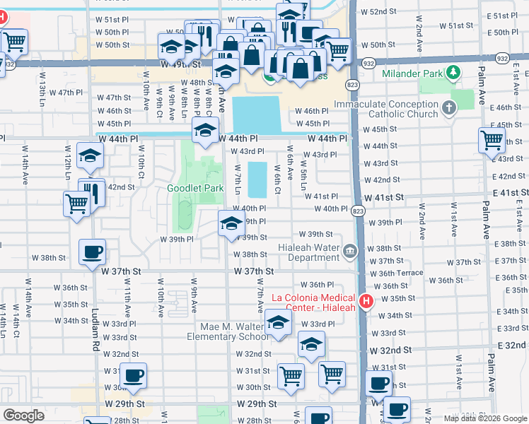 map of restaurants, bars, coffee shops, grocery stores, and more near 698 West 40th Place in Hialeah