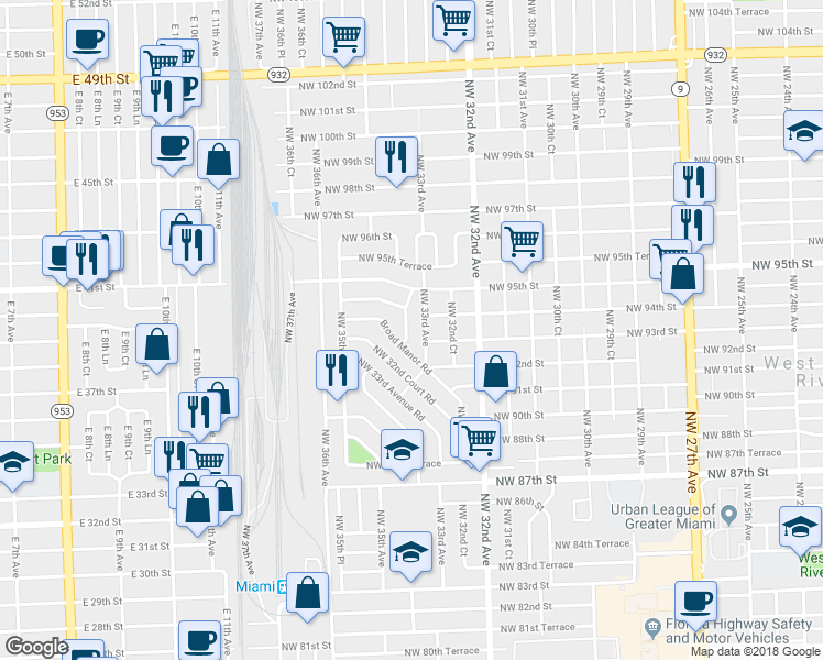 map of restaurants, bars, coffee shops, grocery stores, and more near 9321 Northwest 33rd Court in Miami