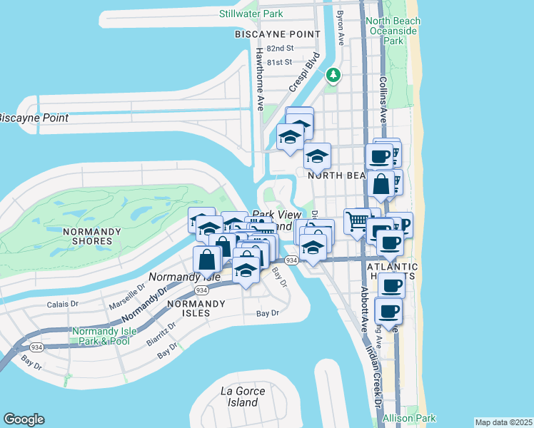 map of restaurants, bars, coffee shops, grocery stores, and more near 7356 Gary Avenue in Miami Beach
