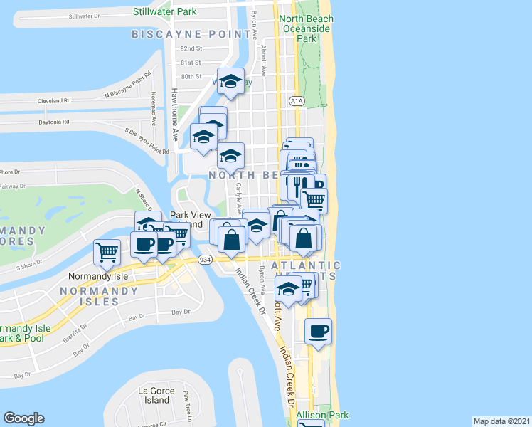 map of restaurants, bars, coffee shops, grocery stores, and more near 26 73rd Street in Miami Beach