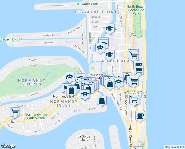 map of restaurants, bars, coffee shops, grocery stores, and more near 7356 Gary Avenue in Miami Beach