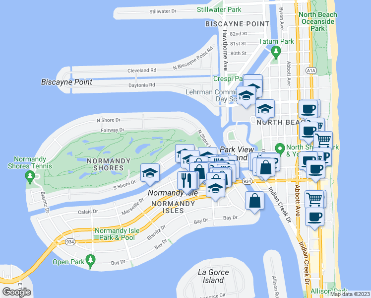 map of restaurants, bars, coffee shops, grocery stores, and more near 95 South Shore Drive in Miami