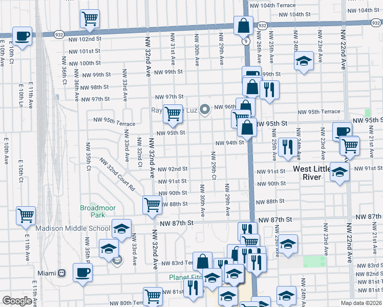 map of restaurants, bars, coffee shops, grocery stores, and more near 3035 Northwest 93rd Street in Miami
