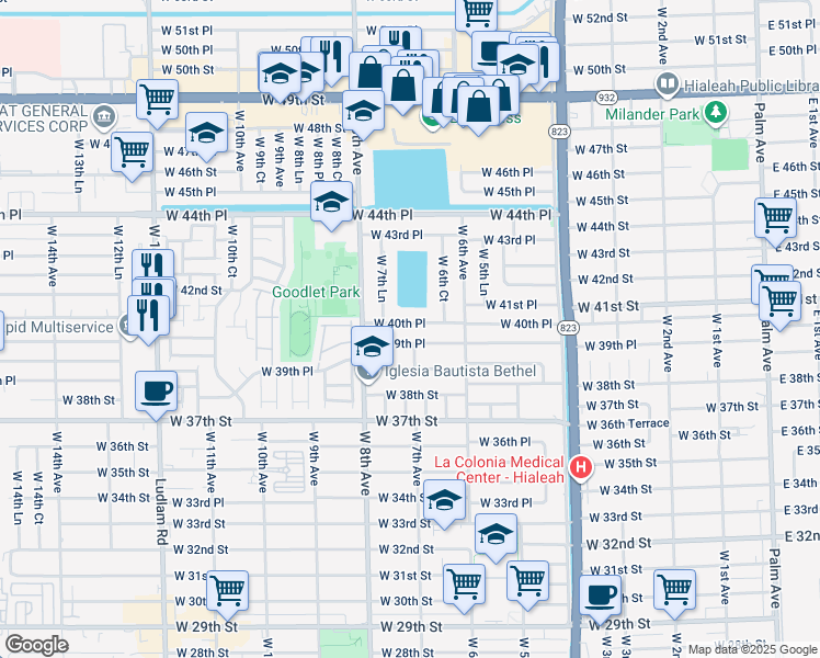 map of restaurants, bars, coffee shops, grocery stores, and more near 698 West 40th Place in Hialeah