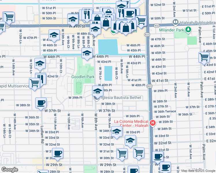 map of restaurants, bars, coffee shops, grocery stores, and more near 698 West 40th Place in Hialeah