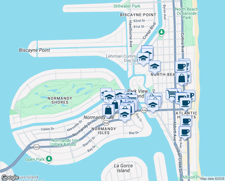 map of restaurants, bars, coffee shops, grocery stores, and more near 95 South Shore Drive in Miami
