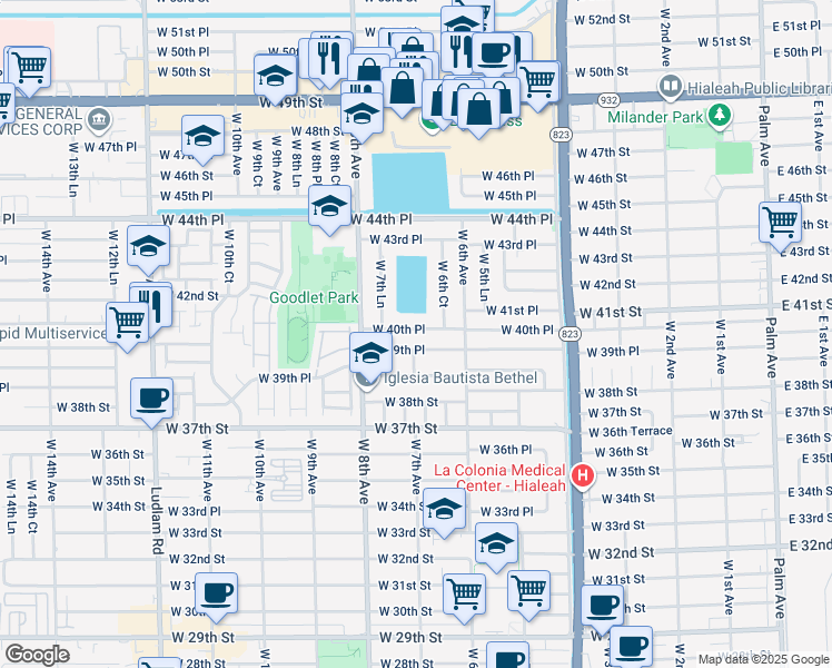 map of restaurants, bars, coffee shops, grocery stores, and more near 698 West 40th Place in Hialeah