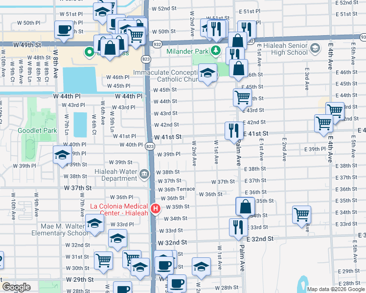 map of restaurants, bars, coffee shops, grocery stores, and more near 250 West 40th Place in Hialeah