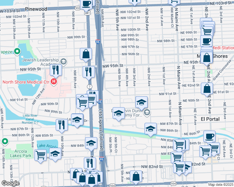 map of restaurants, bars, coffee shops, grocery stores, and more near 545 Northwest 91st Street in Miami