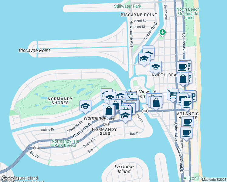 map of restaurants, bars, coffee shops, grocery stores, and more near 75 South Shore Drive in Miami Beach
