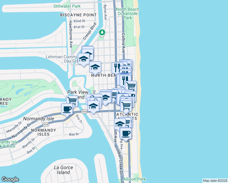 map of restaurants, bars, coffee shops, grocery stores, and more near 26 73rd Street in Miami Beach