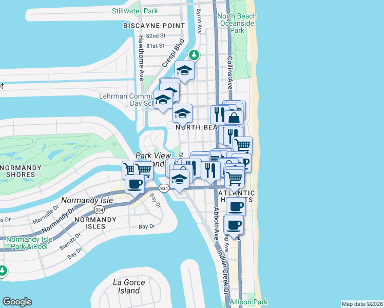 map of restaurants, bars, coffee shops, grocery stores, and more near 7301 Carlyle Avenue in Miami Beach