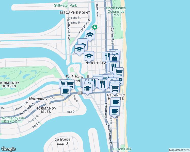 map of restaurants, bars, coffee shops, grocery stores, and more near 535 73rd Street in Miami Beach