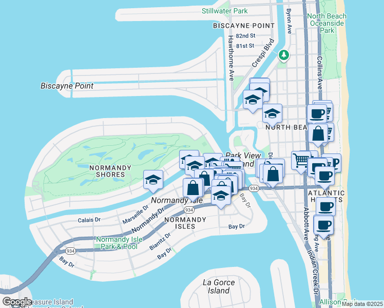 map of restaurants, bars, coffee shops, grocery stores, and more near 117 South Shore Drive in Miami Beach