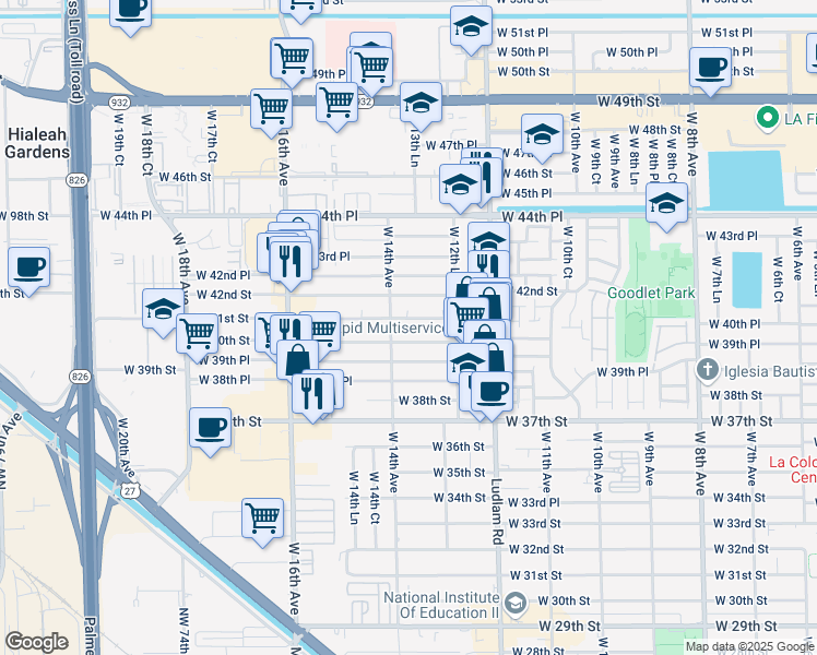 map of restaurants, bars, coffee shops, grocery stores, and more near 1360 West 41st Street in Hialeah
