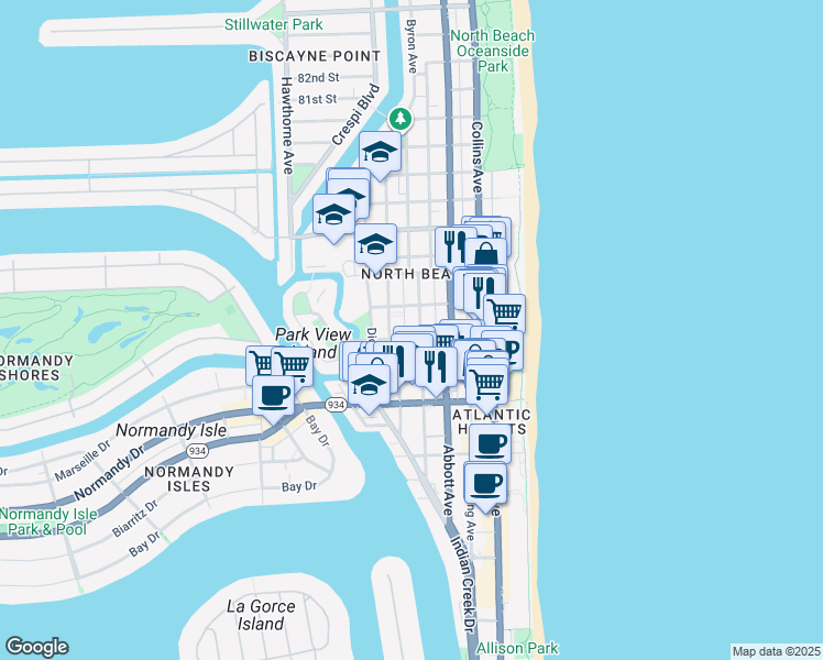 map of restaurants, bars, coffee shops, grocery stores, and more near 535 73rd Street in Miami Beach