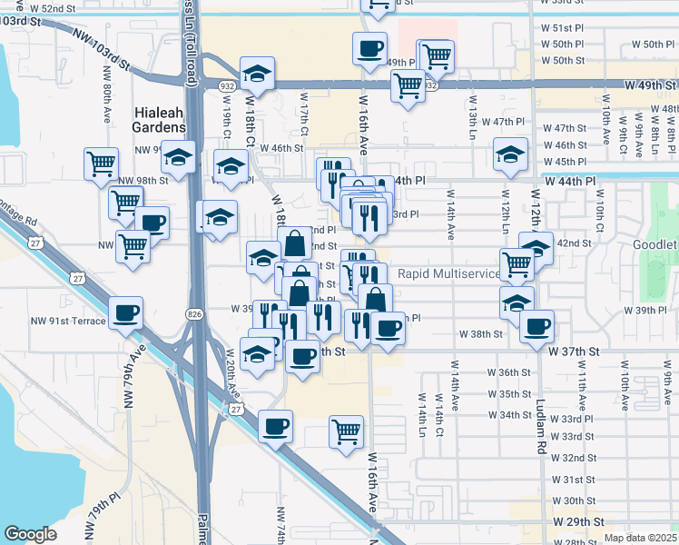 map of restaurants, bars, coffee shops, grocery stores, and more near 1652 West 41st Street in Hialeah